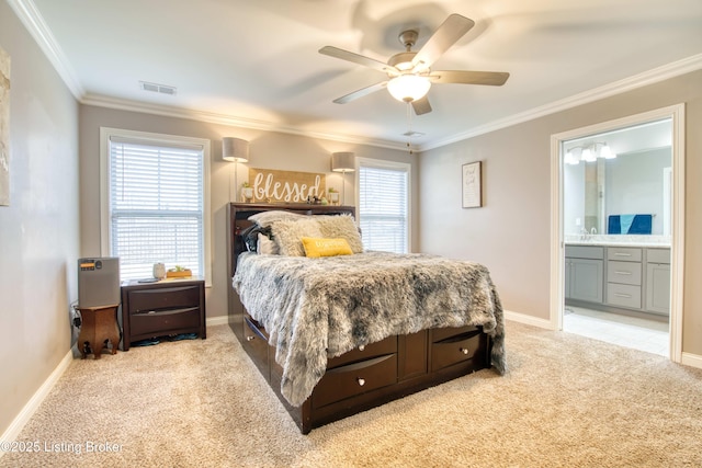 8105 Cedar Crest Ln, Louisville, KY 40291 - bedroom with light carpet, multiple windows, crown molding, ceiling fan, and connected bathroom