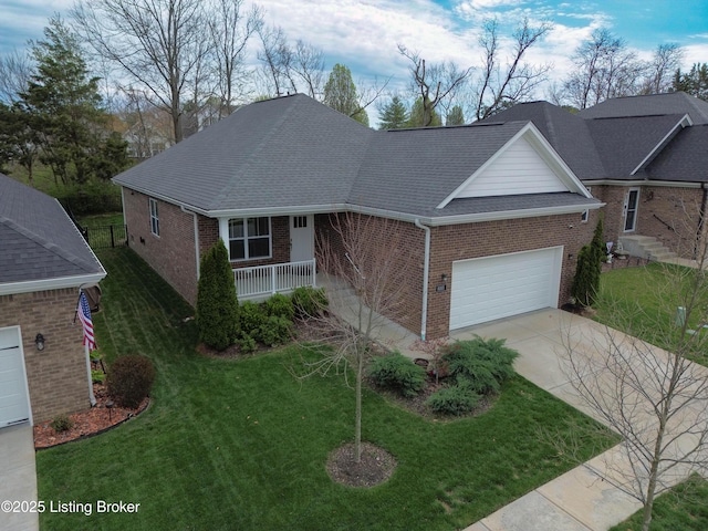 8105 Cedar Crest Ln, Louisville, KY 40291 - ranch-style house featuring brick siding, a front yard, a garage, driveway, and roof with shingles
