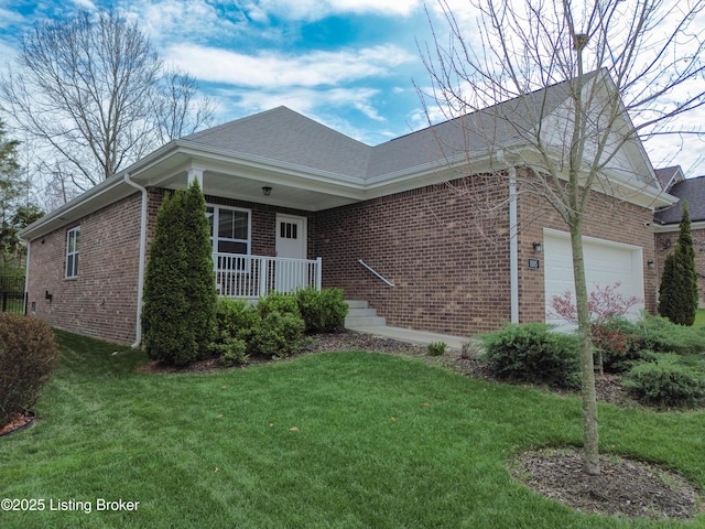 8105 Cedar Crest Ln, Louisville, KY 40291 - single story home with brick siding, an attached garage, a front lawn, and covered porch