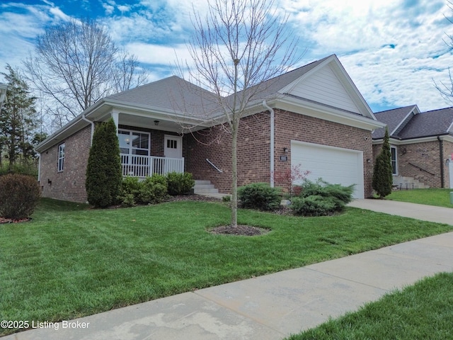 8105 Cedar Crest Ln, Louisville, KY 40291 - ranch-style home featuring brick siding, covered porch, an attached garage, and a front yard