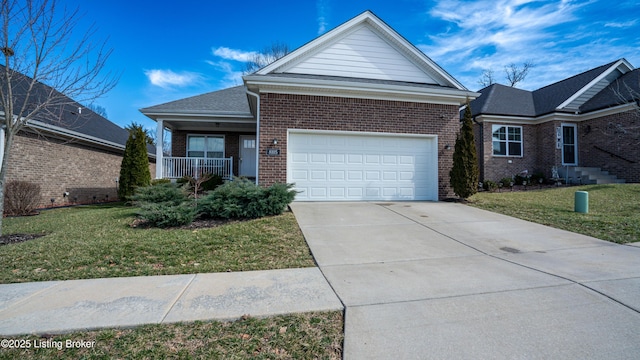 8105 Cedar Crest Ln, Louisville, KY 40291 - view of front of property featuring brick siding, a front yard, driveway, an attached garage, and a porch