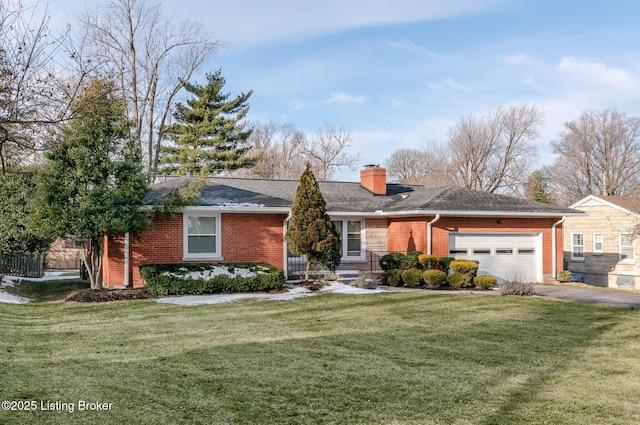 single story home with brick siding, driveway, a chimney, and an attached garage