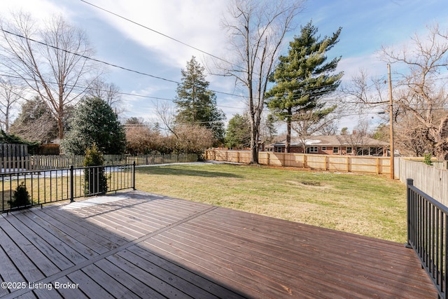 wooden terrace featuring a fenced backyard and a yard