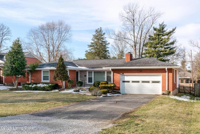 single story home featuring a garage, a chimney, aphalt driveway, fence, and a front yard