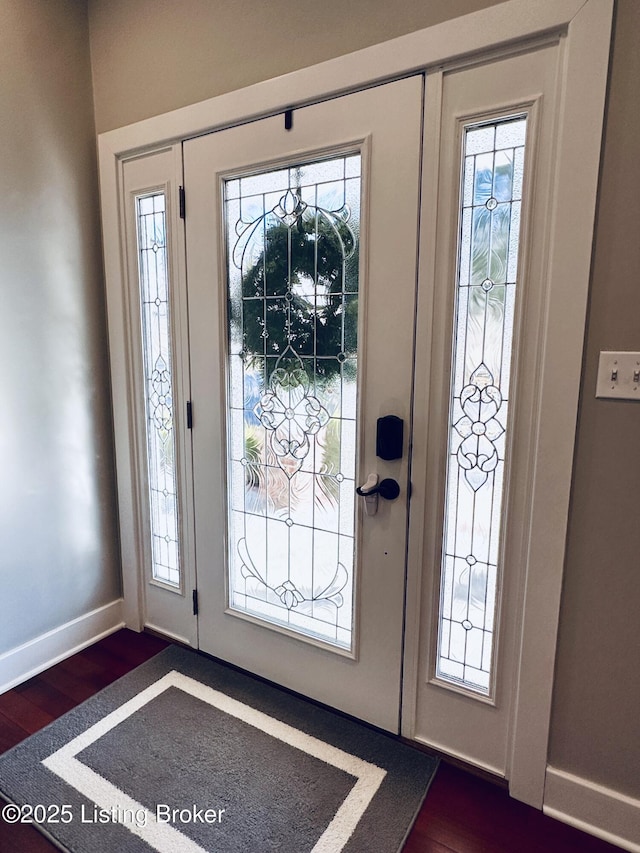 foyer featuring dark wood-type flooring, a wealth of natural light, and baseboards