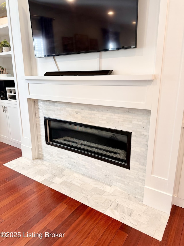 details featuring a fireplace and wood finished floors