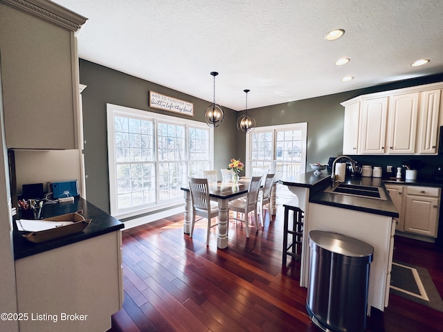 kitchen with dark countertops, a wealth of natural light, dark wood finished floors, and a sink