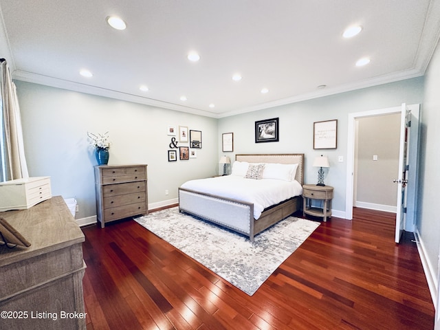 bedroom with crown molding, baseboards, wood finished floors, and recessed lighting