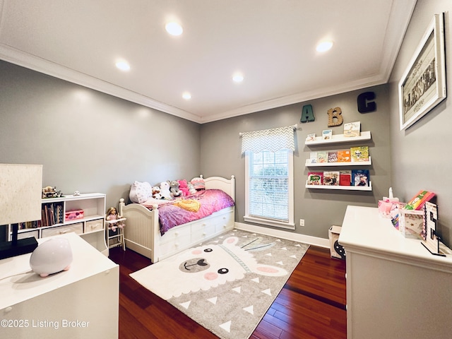 bedroom with ornamental molding, recessed lighting, dark wood-style flooring, and baseboards