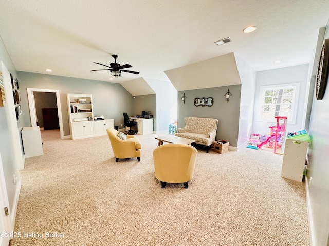 interior space featuring recessed lighting, visible vents, baseboards, vaulted ceiling, and carpet