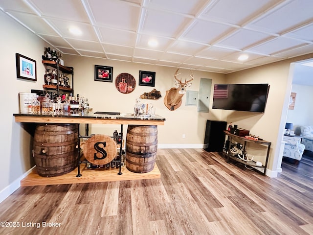 bar featuring a bar, wood finished floors, and baseboards