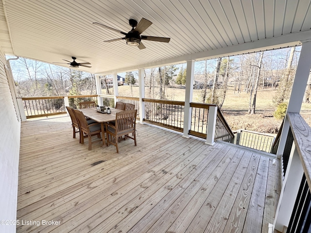 deck with ceiling fan and outdoor dining area