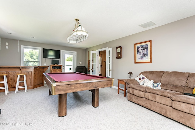 game room with light carpet, billiards, visible vents, and baseboards