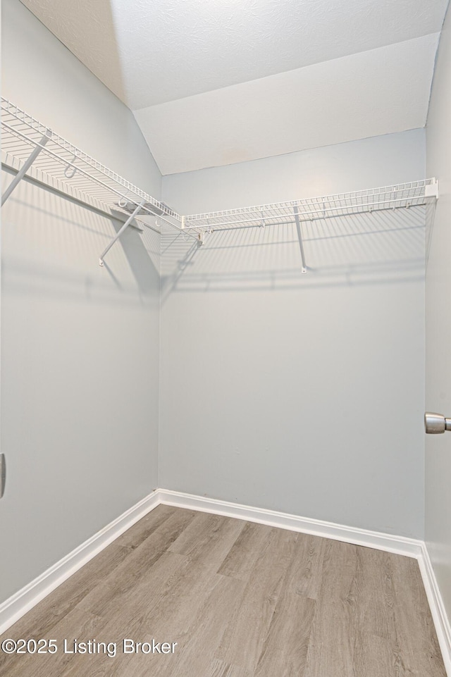 walk in closet featuring vaulted ceiling and wood finished floors