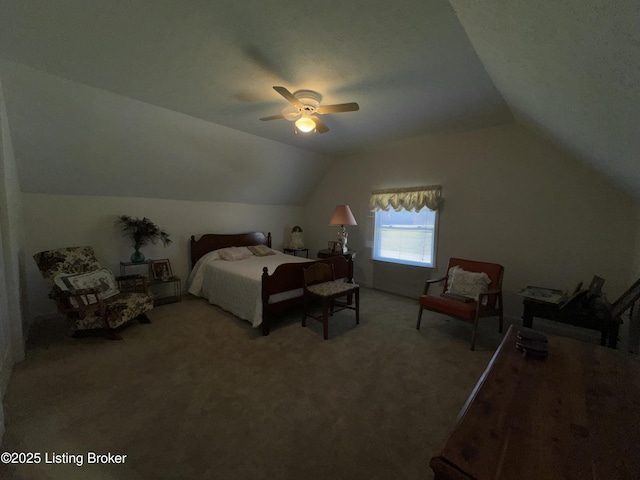 bedroom with a ceiling fan, carpet, and lofted ceiling