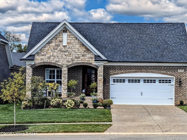 view of front of property with driveway, brick siding, roof with shingles, and an attached garage