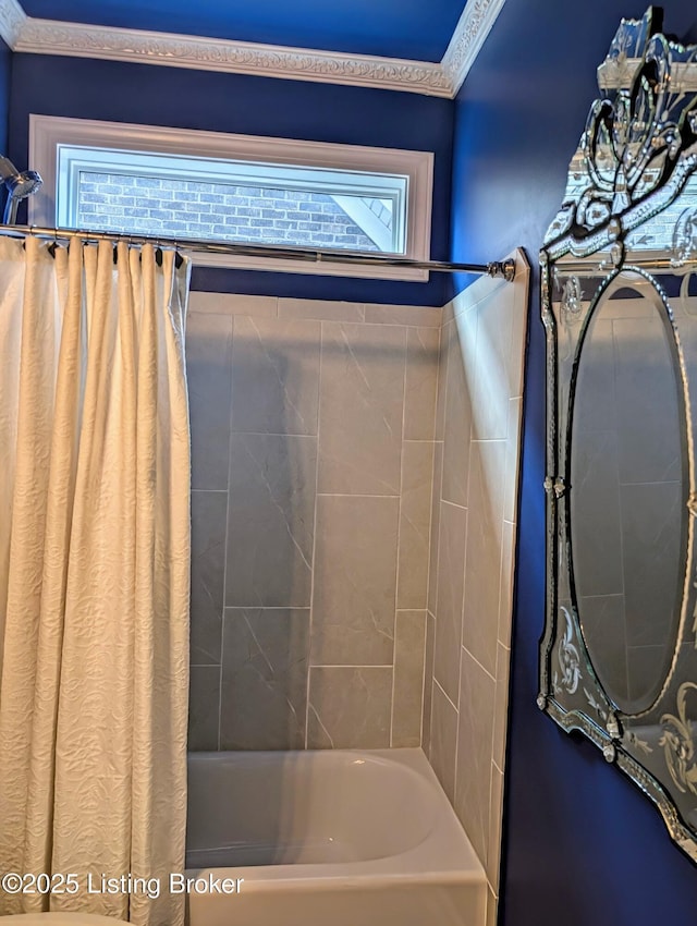 full bath with ornamental molding and shower / bath combination with curtain