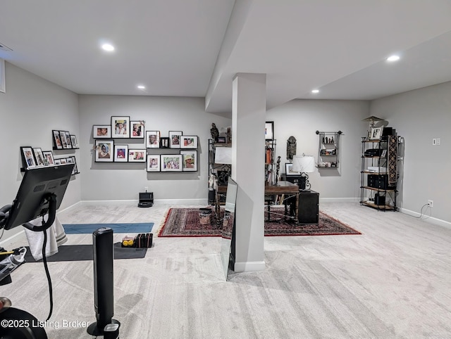 exercise room featuring recessed lighting, baseboards, and carpet