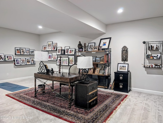 office featuring recessed lighting, baseboards, and carpet