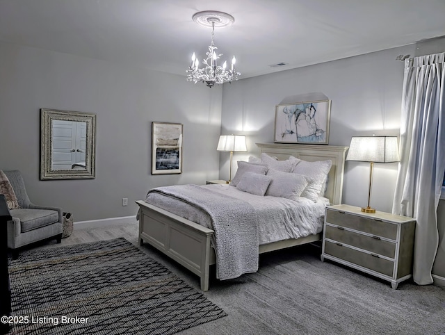 bedroom featuring visible vents, baseboards, carpet floors, and an inviting chandelier