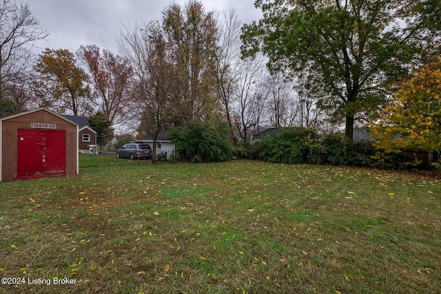 view of yard with an outdoor structure and a shed