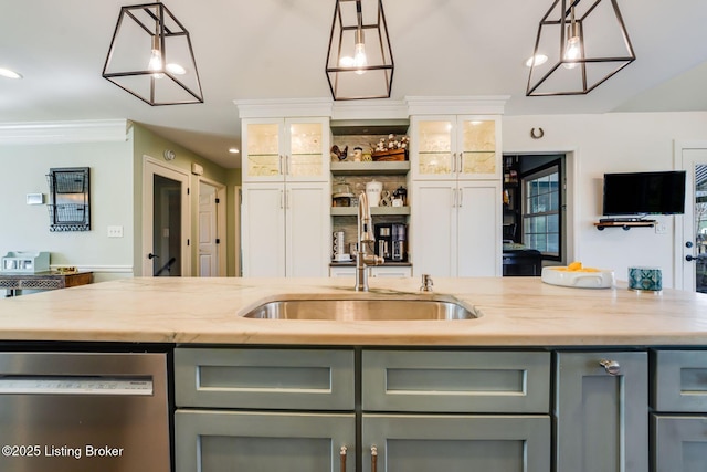 kitchen with dishwasher, decorative light fixtures, light stone countertops, gray cabinetry, and a sink