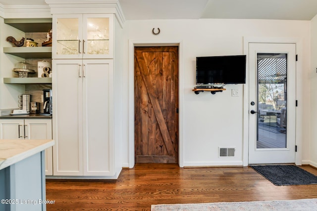 interior space with baseboards, visible vents, and dark wood-type flooring