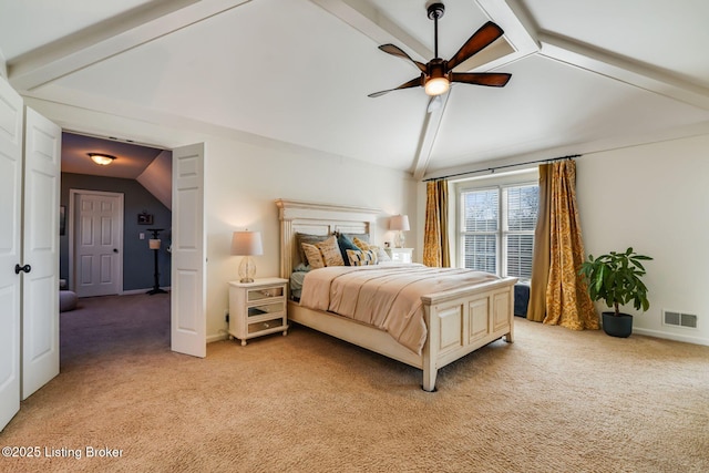 bedroom featuring light carpet, baseboards, visible vents, and vaulted ceiling with beams