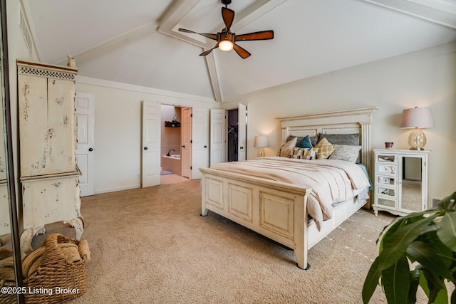 bedroom with light carpet, ceiling fan, high vaulted ceiling, and beam ceiling