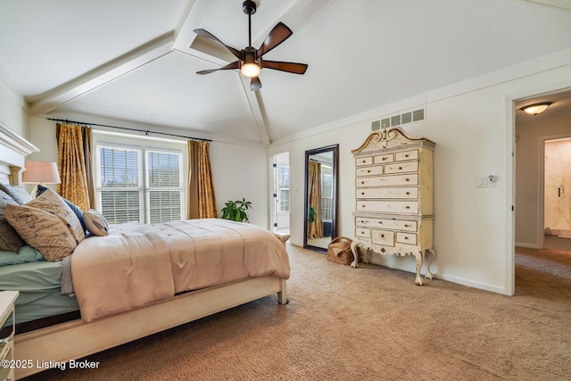 bedroom with vaulted ceiling with beams, ceiling fan, light colored carpet, visible vents, and baseboards