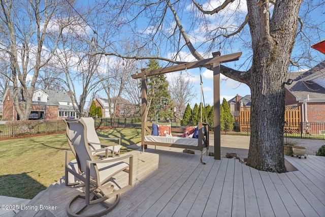 wooden terrace featuring a yard, a fenced backyard, and a residential view