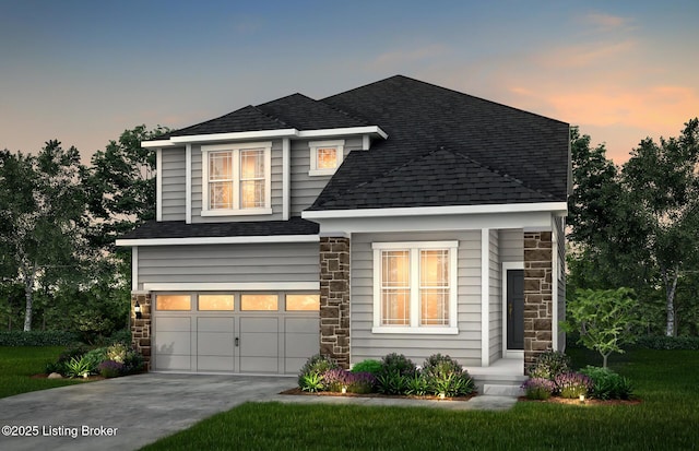 view of front facade featuring an attached garage, stone siding, driveway, and roof with shingles