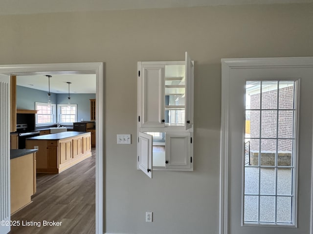 interior space with wood finished floors and stainless steel range with electric cooktop