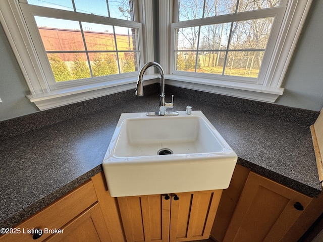 room details with a sink, brown cabinets, and dark countertops