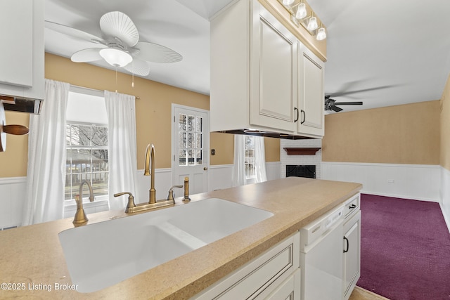 3004 Brownsboro Vista Dr, Louisville, KY 40242 - kitchen featuring a sink, a wainscoted wall, dishwasher, and ceiling fan