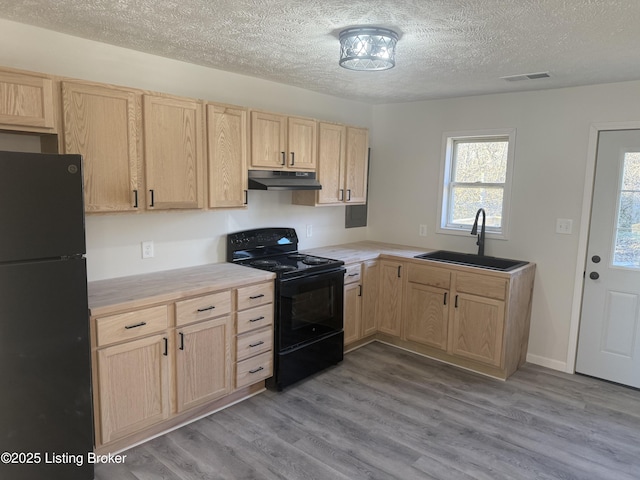 kitchen with light brown cabinetry, a sink, wood finished floors, under cabinet range hood, and black appliances