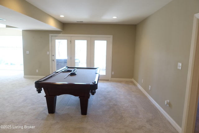 recreation room featuring light carpet, billiards, baseboards, and recessed lighting