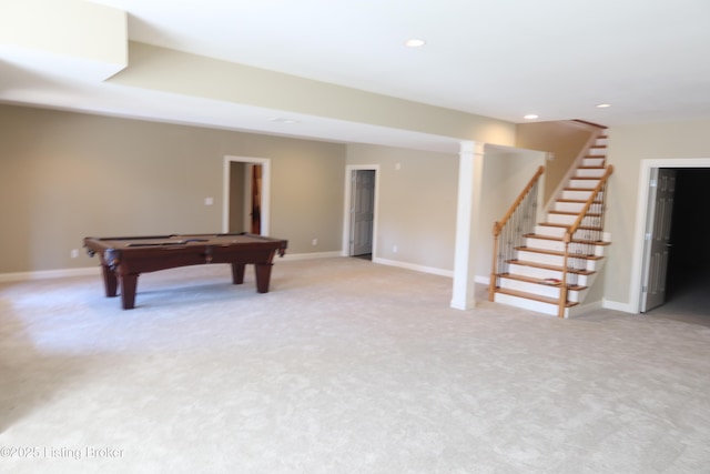 recreation room featuring baseboards, recessed lighting, and light colored carpet