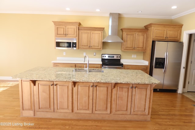 kitchen with appliances with stainless steel finishes, a sink, wall chimney range hood, and light wood-style flooring