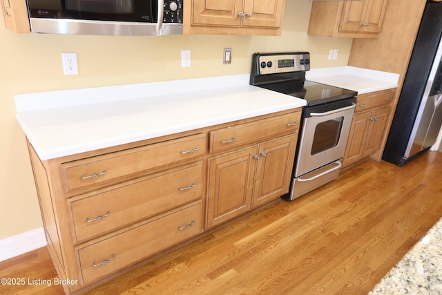 kitchen with light countertops, appliances with stainless steel finishes, and light wood-type flooring