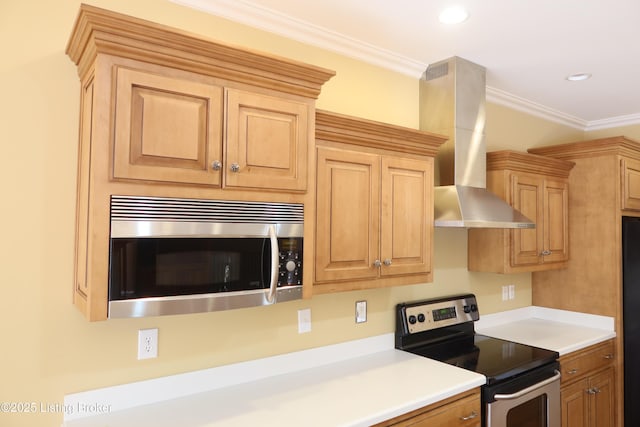 kitchen featuring wall chimney exhaust hood, stainless steel appliances, crown molding, light countertops, and recessed lighting