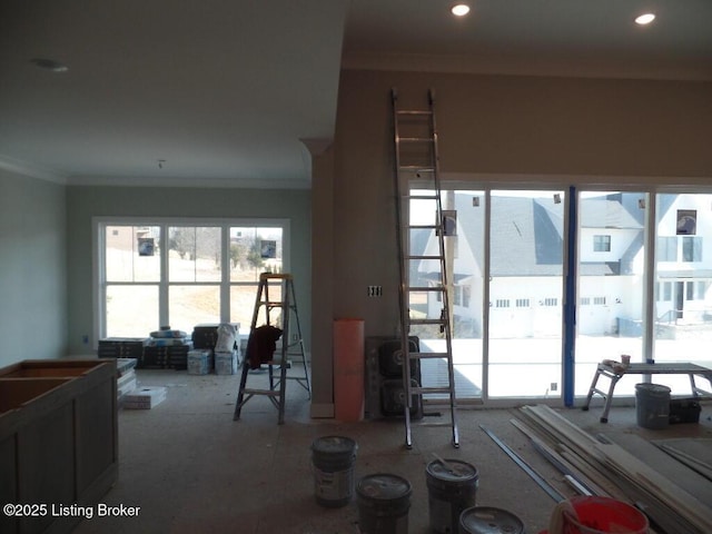 living area featuring crown molding and recessed lighting