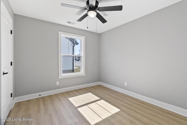 unfurnished room featuring light wood-style floors, visible vents, ceiling fan, and baseboards