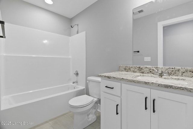 bathroom with visible vents, toilet, tile patterned flooring, bathtub / shower combination, and vanity