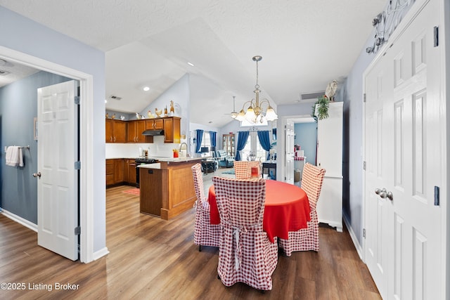 dining room featuring baseboards, lofted ceiling, dark wood-style floors, an inviting chandelier, and a textured ceiling