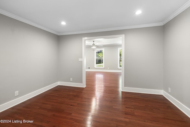 unfurnished room with recessed lighting, baseboards, wood finished floors, and ornamental molding