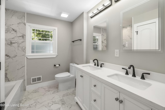 full bath featuring marble finish floor, visible vents, a sink, and toilet