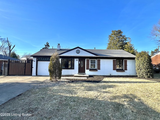 ranch-style house with a garage, concrete driveway, a chimney, a gate, and fence