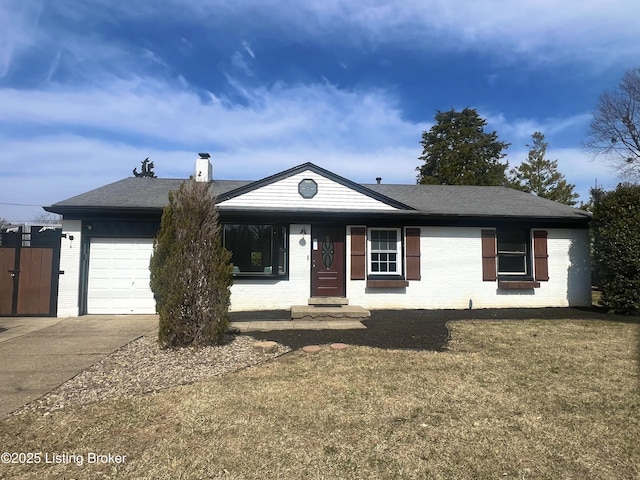 ranch-style home with an attached garage, brick siding, concrete driveway, roof with shingles, and a chimney