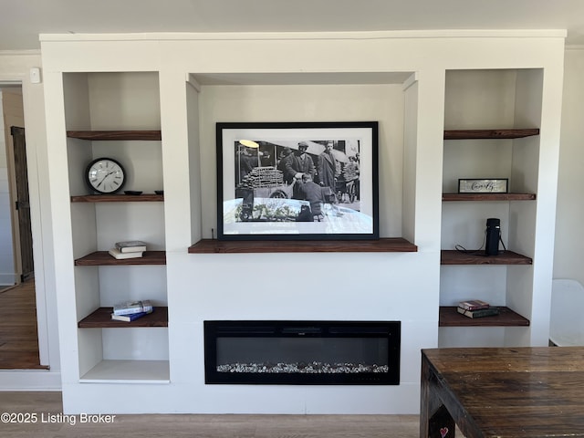 interior details with built in shelves and a glass covered fireplace